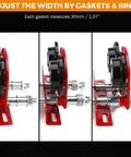 Adjustable width view of Beefy Electric Trolley For Power Hoist, 1 Ton Capacity, fits 2.68 to 4.33 in I Beam, heavy duty wheels.