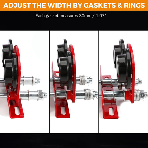 Adjustable width view of Beefy Electric Trolley For Power Hoist, 1 Ton Capacity, fits 2.68 to 4.33 in I Beam, heavy duty wheels.
