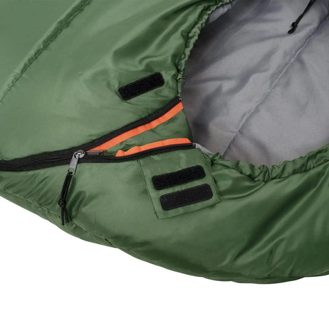 Close-up of olive green Cold Weather Mummy Sleeping Bag For Hiking And Camping With No Snag Zipper 20 Degree Temperature Rating