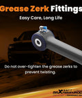 Beefed Up Front Adjustable Track Bar For Jeep Cherokee XJ And Wrangler TJ Fits 1.5 To 4.5 Inch Lift Ranging From 32.28 To 33.46 Inches Helps Center Axle And Reduces Wobble Off Road Ready Upgrade Durable Steel Construction, gray steel track bar with grease zerk fittings