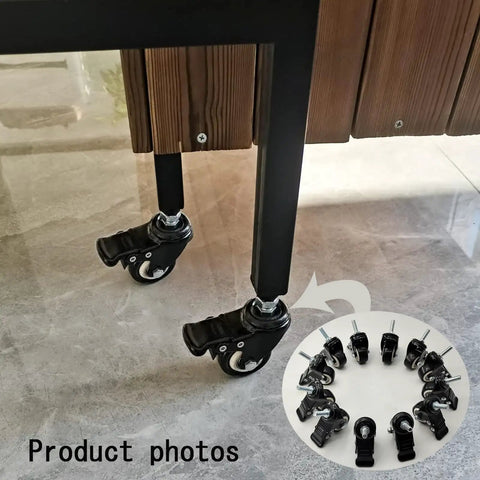 Heavy Duty Swivel Caster Wheels With Locking Brake And Threaded Stem under a wooden workbench, showcasing polyurethane wheels.