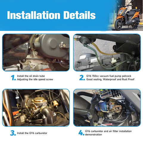 Installation details of GY6 150cc Carburetor PD24J Kit with ignition coil, throttle cable, starter solenoid, and components in use