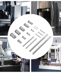 Keyway Broach Set For Lathe, 18 Pc HSS Metalworking Cutting Tool Kit displayed with machines in the background.