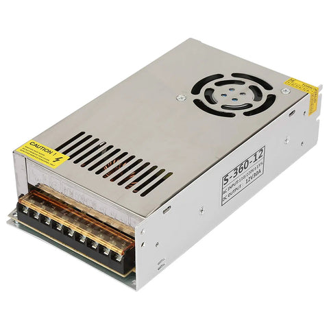 Durable 12V 30A LED Switching Power Supply Adapter With Aluminum Alloy Case Heavy Duty Power Driver For Industrial Equipment Home Appliances And Mechanical Instruments Efficient Dual Cooling, silver metal housing