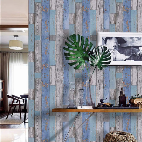 Peel And Stick Wood Grain Wallpaper In Blue Distressed Finish Self Adhesive Vinyl Film on living room wall décor.
