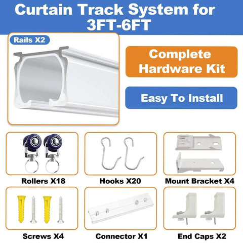 Heavy Duty Ceiling And Wall Mounted Curtain Track System With Roller Hooks And Sliding Rails White 3Ft To 6Ft Aluminum Alloy Durable Curtain Rail Set For Home Upgrade Built To Last, parts kit view