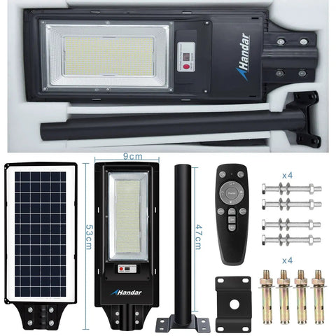 Two Pack 300W Solar Security Flood Lights With 10000LM 492 LEDs, 3 Modes Stay On, Timer Or Motion Sensor, components displayed