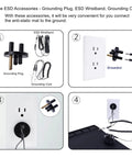 Image showing ESD accessories including grounding plug, ESD wristband, and grounding cord for Premium Pro Grade ESD Safe Soldering Mat Kit.