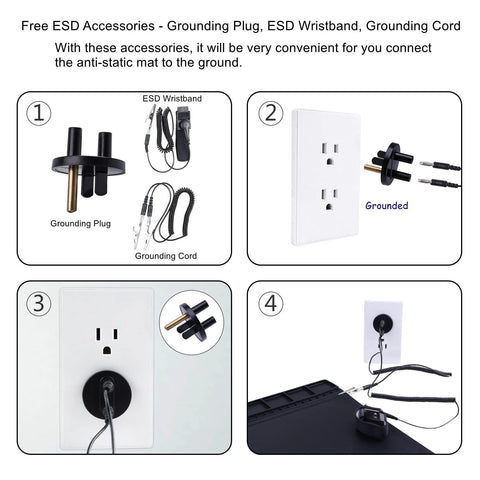 Image showing ESD accessories including grounding plug, ESD wristband, and grounding cord for Premium Pro Grade ESD Safe Soldering Mat Kit.
