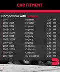 Compatibility chart for Subaru models including Forester, Impreza, Legacy, Outback, XV Crosstrek