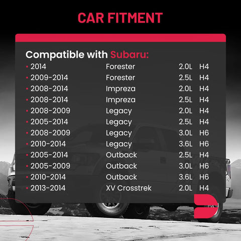 Compatibility chart for Subaru models including Forester, Impreza, Legacy, Outback, XV Crosstrek