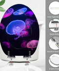 Elongated Toilet Seat Resin Quiet Close for Bathroom with jellyfish design and stainless steel hinges, 14.5" x 18.5" size.