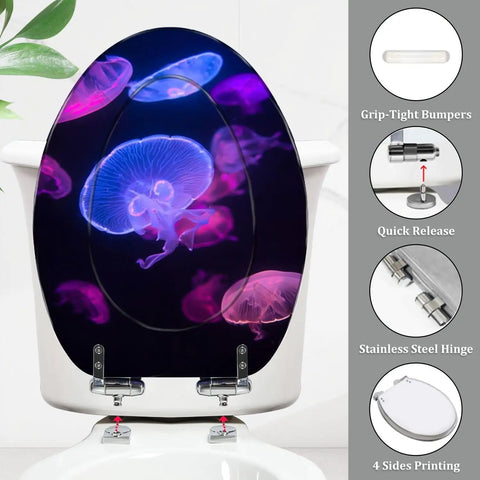 Elongated Toilet Seat Resin Quiet Close for Bathroom with jellyfish design and stainless steel hinges, 14.5" x 18.5" size.