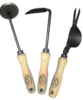 Three Piece Weeding Kit With Disc Weeder, Cape Cod Weeder, And Weedpopper featuring wooden handles for quick garden weeding and landscaping tasks