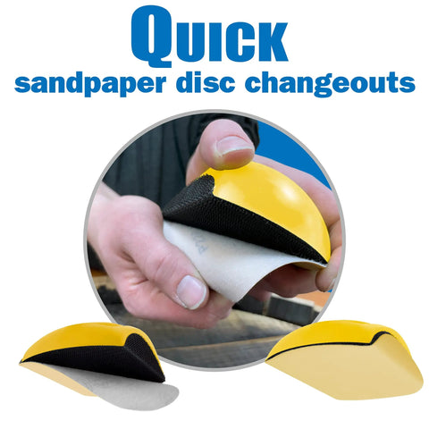 Hands using 5 Inch Sanding Mouse Block With Hook And Loop Pad For Tight Spaces, showing sandpaper disc being changed quickly