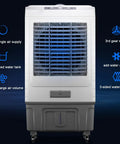 Portable Evaporative Air Conditioner With Remote And Wide Angle Oscillation Plus 3 In 1 Swamp Cooler And Humidifier Featuring 7 5 Hour Timer And Dual Cooling For Quick No Sweat Comfort Anywhere front view showing oversized water tank and control panel.