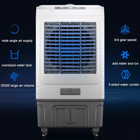Portable Evaporative Air Conditioner With Remote And Wide Angle Oscillation Plus 3 In 1 Swamp Cooler And Humidifier Featuring 7 5 Hour Timer And Dual Cooling For Quick No Sweat Comfort Anywhere front view showing oversized water tank and control panel.