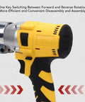 Luocute Brushless Cordless Electric Metal Shears With 400Nm Torque And 360 Rotating Head, showing forward/reverse switch for easy use.