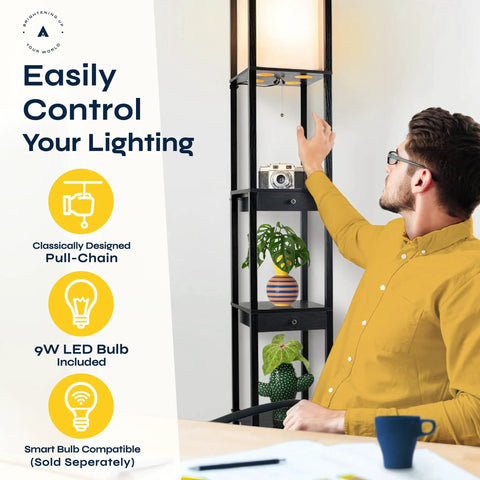 Man adjusting 72 Inch Floor Lamp With Dope Shelves And Drawers For Living Rooms And Bedrooms Tall Sturdy Standing Lamp With Built In Storage