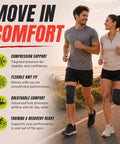 Gym Rat Approved Unisex Compression Knee Support Sleeve Boasting Four Way Stretch Fabric For Peak Flexibility And Serious Joint Armor During Heavy Lifting Sessions And Everyday Hustle In Sleek Black Medium Cut worn by two joggers outdoors.