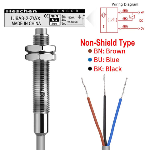 Pro Grade M6 Inductive Proximity Sensor Switch Non Shield Type LJ6A3-2-Z AX 2mm Detect Range, 10-30VDC, 150mA, NPN Normally Closed, 3 Wire, Gray Metal Body, 78-Inch Cable with wiring diagram and exposed wires