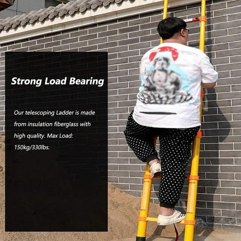 Individual climbing Rock Solid Fiberglass Telescoping Ladder For Electrical Work And Home Attic Tasks With Non Conductive Build And Hella Secure Thumb Lock Plus Durable 330 Pound Heavy Duty Load Rating And No Sweat Setup.