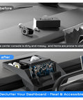 Before and after of Center Console Organizer For Tesla Cybertruck Behind Screen Storage Tray with no slip mats installed