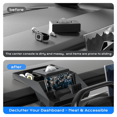 Before and after of Center Console Organizer For Tesla Cybertruck Behind Screen Storage Tray with no slip mats installed