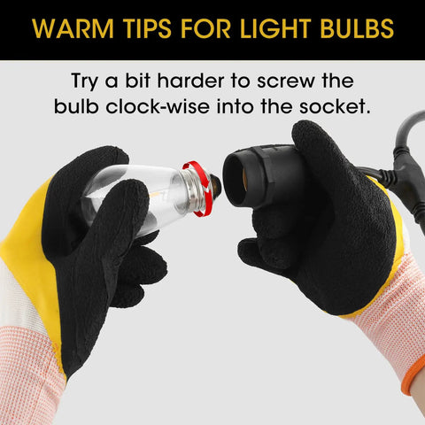 Hands wearing gloves installing 36 Pack S14 LED Bulbs For Outdoor String Lights Replacement Edison Bulbs Shatterproof Durable Plastic Construction Waterproof Built To Last Warm White 2200K Non Dimmable With E26 Base Ideal For Patio Backyard Parties Party Ready into a socket