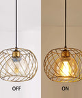 Gold small hanging glass pendant light with 16ft plug in cord dimmable and adjustable mini pendant for bedroom or living room industrial style ceiling lamp to boost your home cozy vibe, shown off and on.