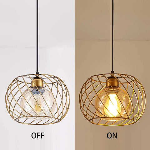 Gold small hanging glass pendant light with 16ft plug in cord dimmable and adjustable mini pendant for bedroom or living room industrial style ceiling lamp to boost your home cozy vibe, shown off and on.