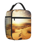 Golden Desert Bright Sunshine Insulated Lunch Bag with detachable handle, side mesh pocket, desert print design