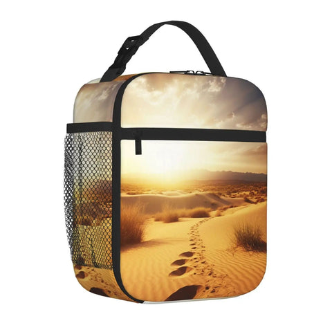 Golden Desert Bright Sunshine Insulated Lunch Bag with detachable handle, side mesh pocket, desert print design
