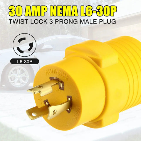 Heavy Duty Nema L6-30P To 14-50R EV Charging Adapter Converts Your 30 Amp Generator Locking Plug Into A 50 RV Outlet For No Sweat EV Camping Backup Power Setup, yellow 3 prong male plug.
