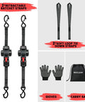 Heavy Duty 1 Inch By 12 Feet Retractable Ratchet Straps With 1500 Pound Break Strength Self Retracting Tie Downs For Truck Cargo Trailer Motorcycle ATV UTV Black 2 Pack, soft loop straps, gloves, and carry bag.