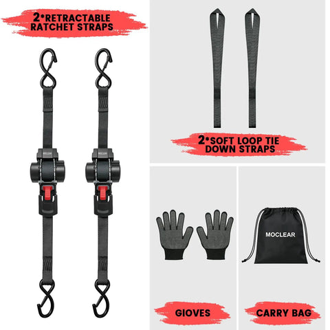 Heavy Duty 1 Inch By 12 Feet Retractable Ratchet Straps With 1500 Pound Break Strength Self Retracting Tie Downs For Truck Cargo Trailer Motorcycle ATV UTV Black 2 Pack, soft loop straps, gloves, and carry bag.