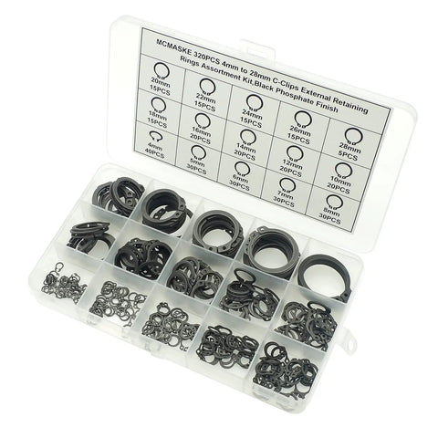 External Retaining Ring Kit With 320 Pieces In 15 Metric Sizes From 4mm To 28mm C Clips Assortment For Shafts Carbon Spring Steel