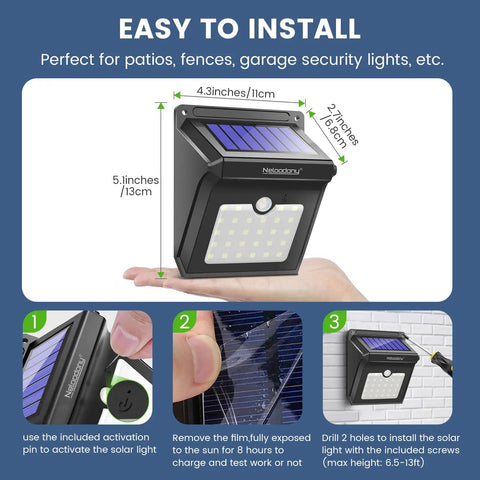Solar Motion Sensor Security Lights Outdoor Wall Mount Waterproof Wireless 28 LED 4 Pack For Garden Backyard Back Door Steps Fence Deck Yard Driveway No Fuss Install All Weather Illumination