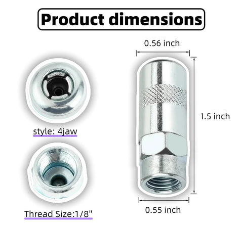 Grease gun coupler tips, 4-pack, 1/8 in thread, chrome knurled body; front and side views.
