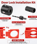 Heavy Duty Aluminum Alloy Door Hinge Jig And Lock Latch Installation Kit For Dead Simple Mortise Cutting And Dead Center Hole Drilling No Fuss Carpenter Tool Set components including hole saws and guide template.