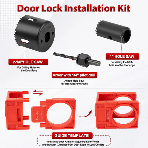 Heavy Duty Aluminum Alloy Door Hinge Jig And Lock Latch Installation Kit For Dead Simple Mortise Cutting And Dead Center Hole Drilling No Fuss Carpenter Tool Set components including hole saws and guide template.