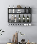 Top Shelf Wall Mounted Wine Rack With Dual Tier Wood And Metal Shelves For Bottles And Glasses Hella Ready Home Bar Display Stand in matte black.