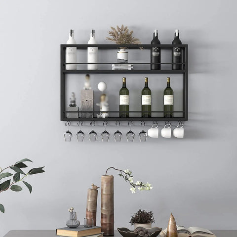 Top Shelf Wall Mounted Wine Rack With Dual Tier Wood And Metal Shelves For Bottles And Glasses Hella Ready Home Bar Display Stand in matte black.