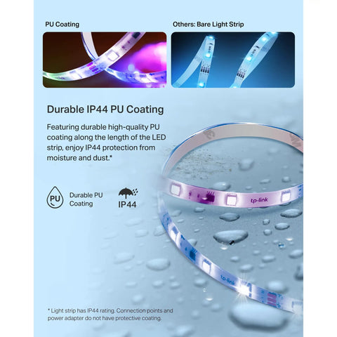 Smart LED Light Strip 16.4 Ft RGBIC With 50 Color Zones, Wi Fi Compatible showing PU coating and IP44 durability