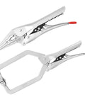 Self Adjusting Locking Pliers Set Knobs Free Squeeze And Go Grip Heavy Duty C Clamp Vise Tool shown in a close-up view.