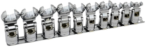 Three Eighths Inch Drive Metric Flare Nut Socket Set, 10 Piece from 10mm to 19mm, folding head for tight spaces, chrome finish.