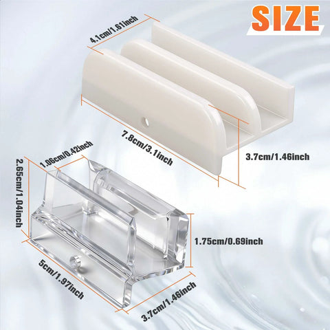 Sliding Shower Door Bottom Guide Rail Set For 1/2 Inch And 3/8 Inch Glass Tracks with size dimensions, plastic material shown
