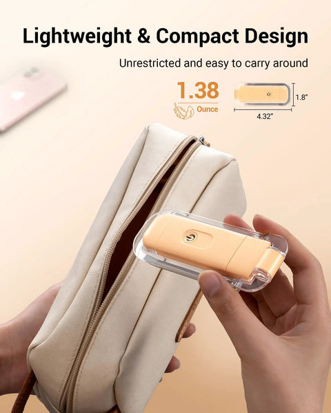 Person holding USB Rechargeable Clip On Reading Light with amber and warm white modes in compact size next to a beige bag.