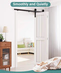 White door with Carbon Steel Bifold Barn Door Hardware Kit For 32 Inch Closet Doors 3ft Track Smooth Quiet Black installed.