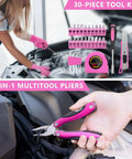Must Have Portable Car Emergency Kit With 12V Air Compressor Jumper Cables First Aid Auto Tool Set Roadside Safety Gear, image of woman using 30-piece tool kit and 14-in-1 multitool pliers